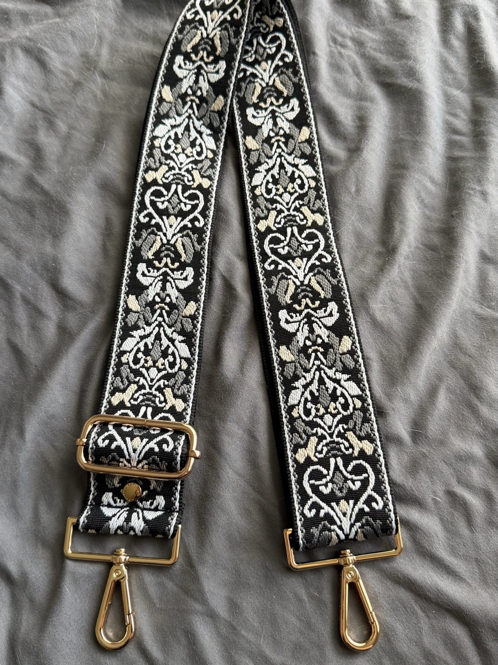 Black Embroidered Handbag Strap with Gold Hardware